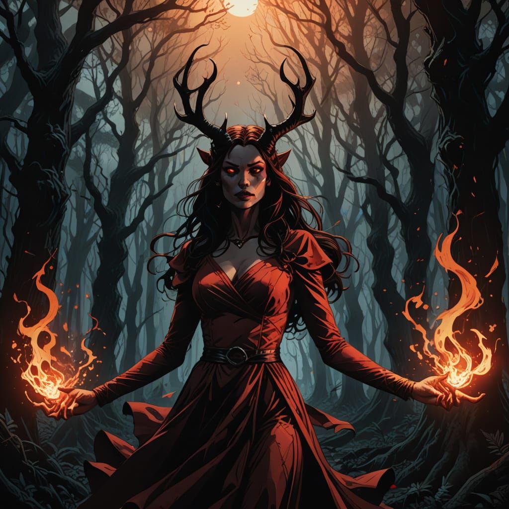 Comic Book Art of Red-Hued Dance with Fiery Demon