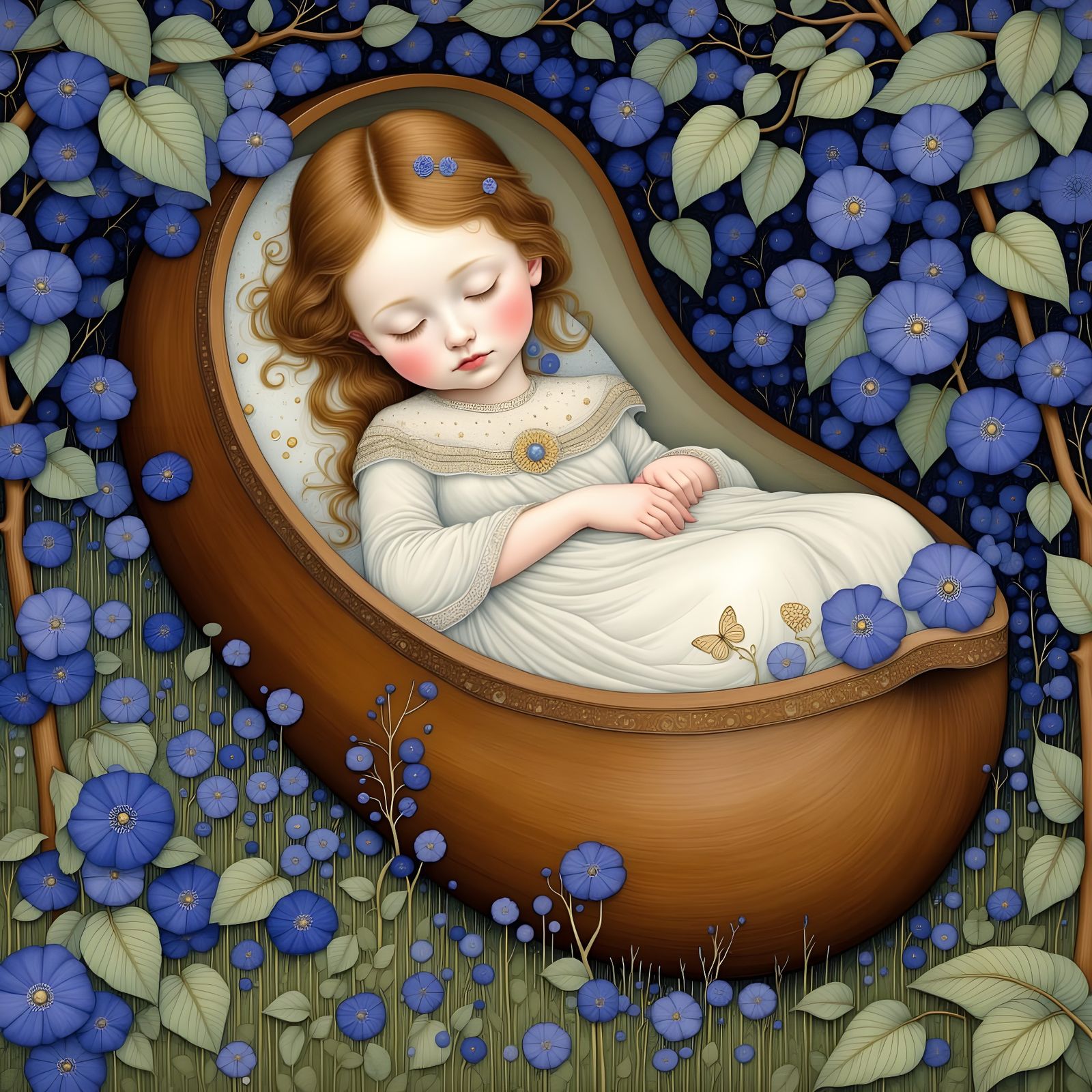 Thumbelina Fairytale Illustration in Folk Art Nouveau Style