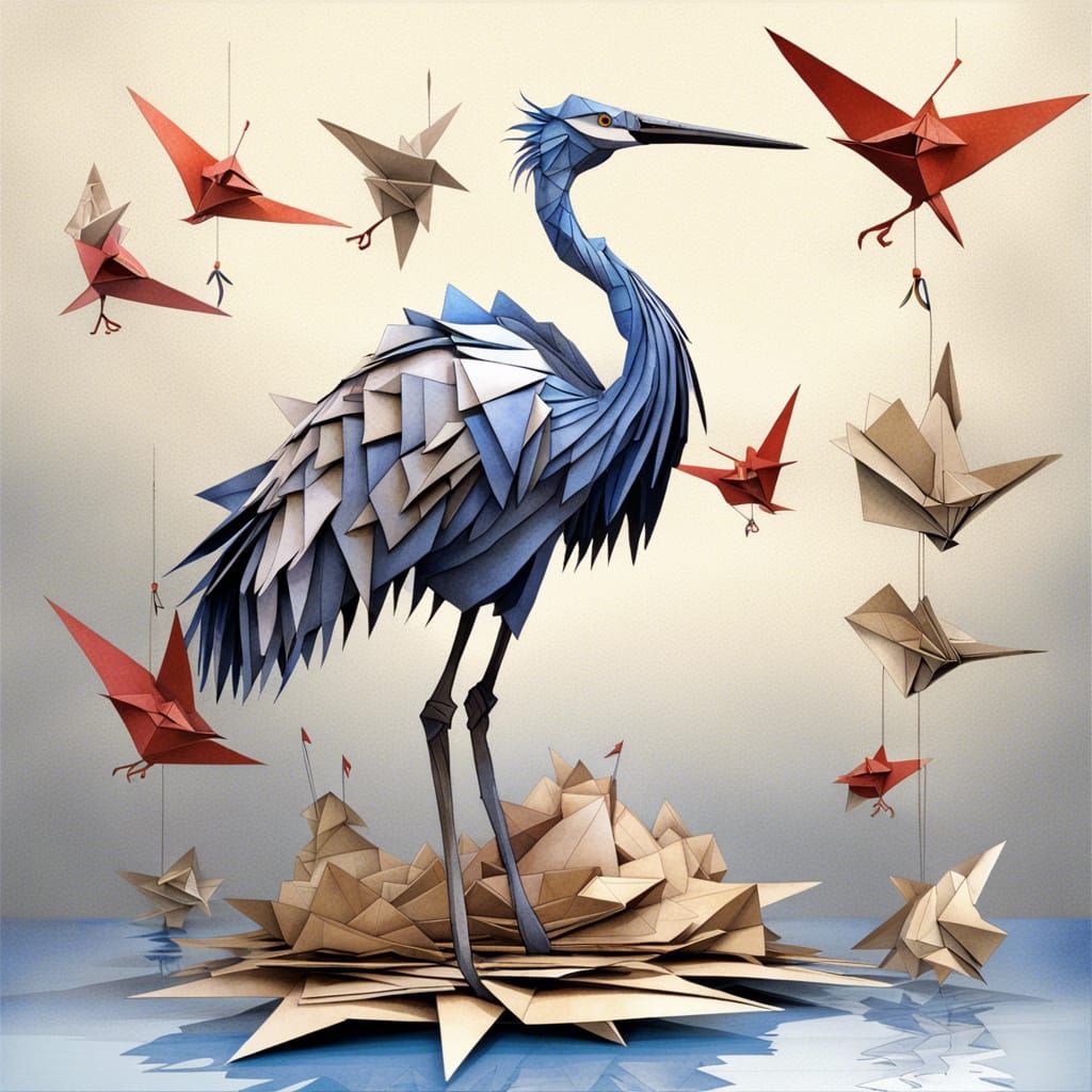 Origami Crane in Spring, Digital Art