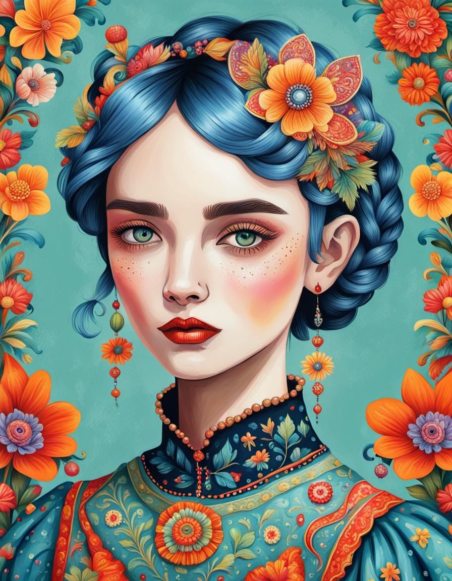 Whimsical Folk Art Portrait in Bright Colors