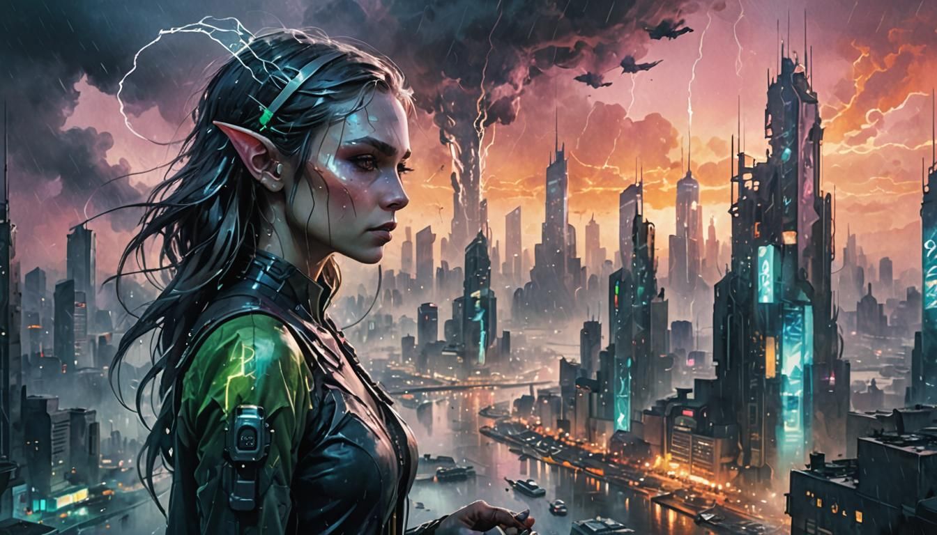 Elf in Cyberpunk City: Watercolor Illustration