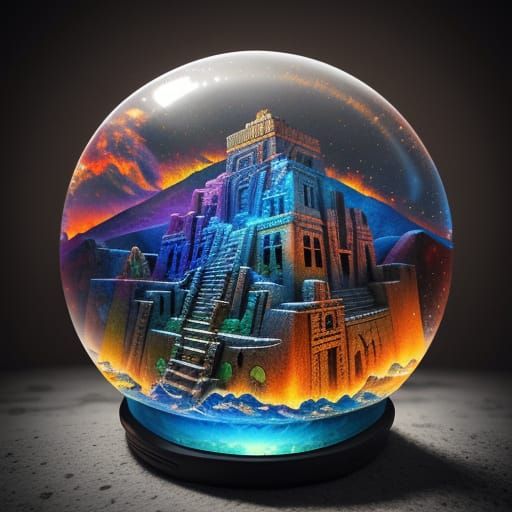 Aztec Empire Volcano Snowglobe in Surreal Style