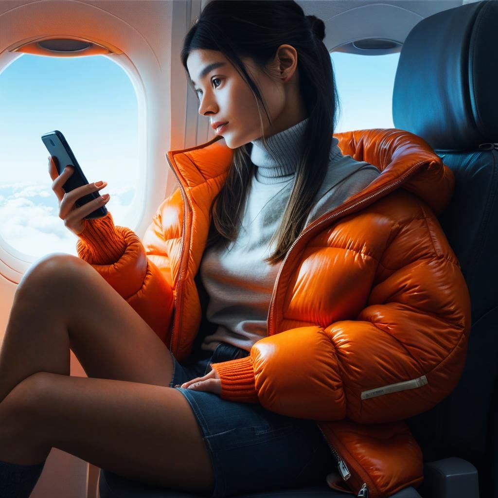 Woman Absorbed in Phone on Private Jet