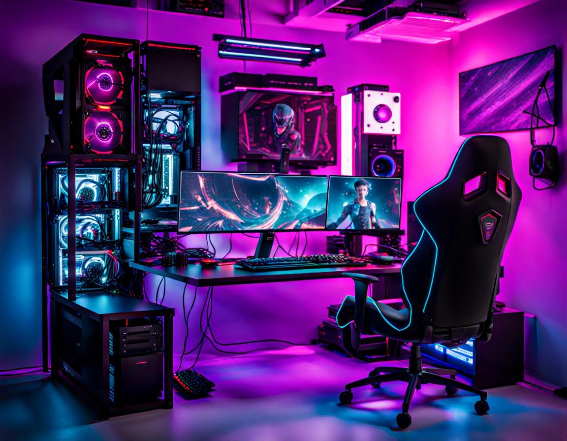 Cyberpunk Gaming PC Setup in Neon Style