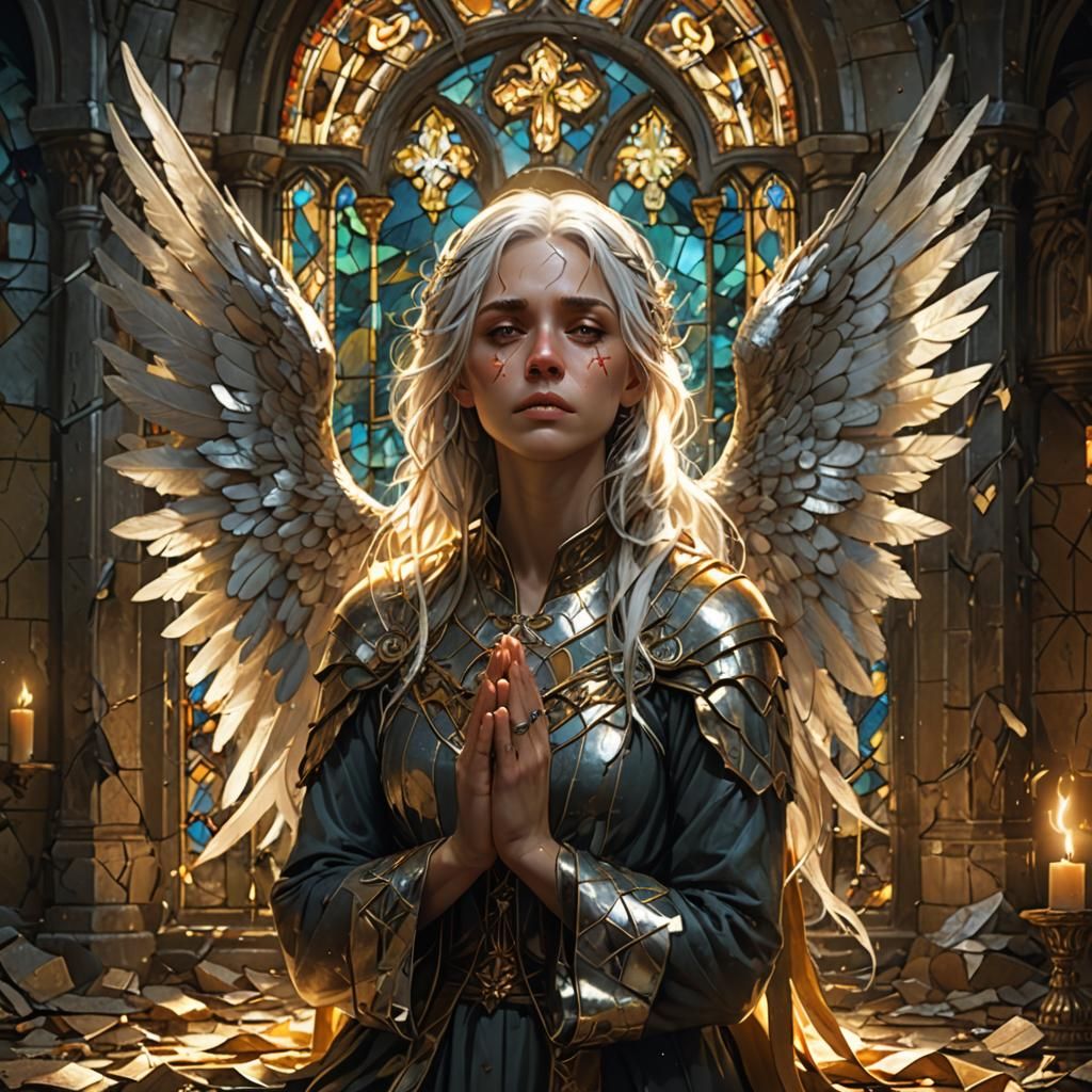 Fallen Aasimar Crying in Dilapidated Chapel