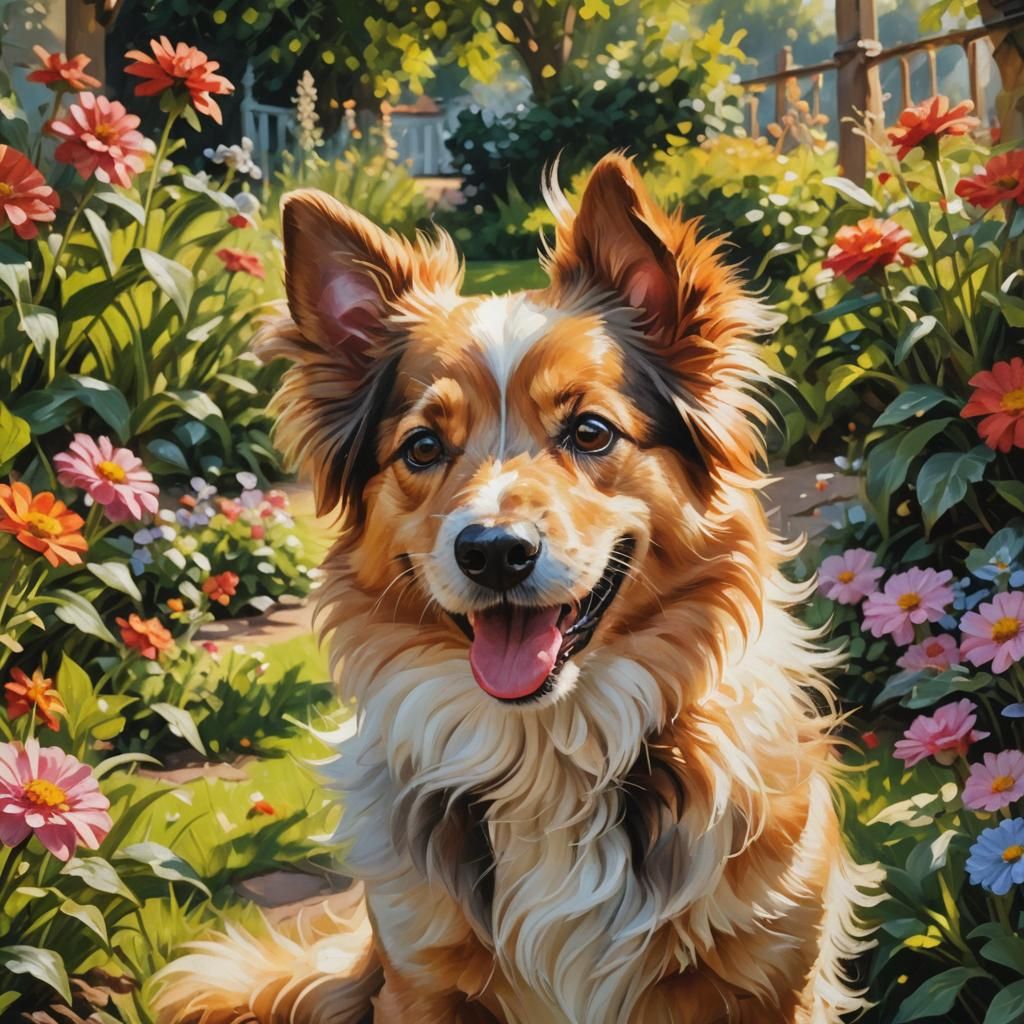 Cute Dog Smiling in Garden: Oil Painting