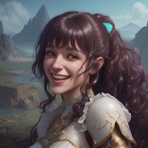 Laughing Woman in Fantasy Landscape, Detailed Matte Painting