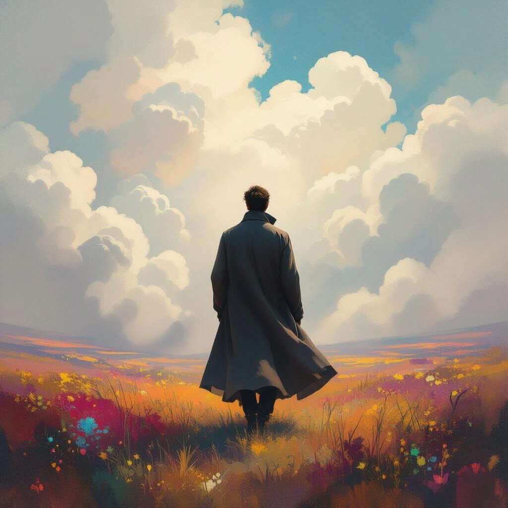 Ethereal Man Fades into Dreamy Abstract Landscape