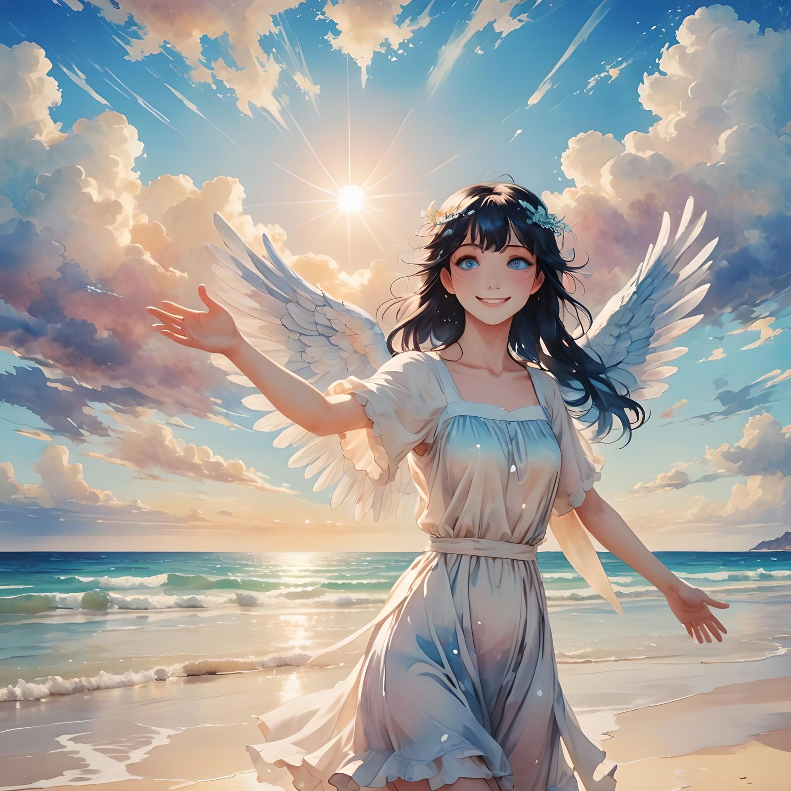 Girl Angel on Beach: Holographic Cosmic Illustration