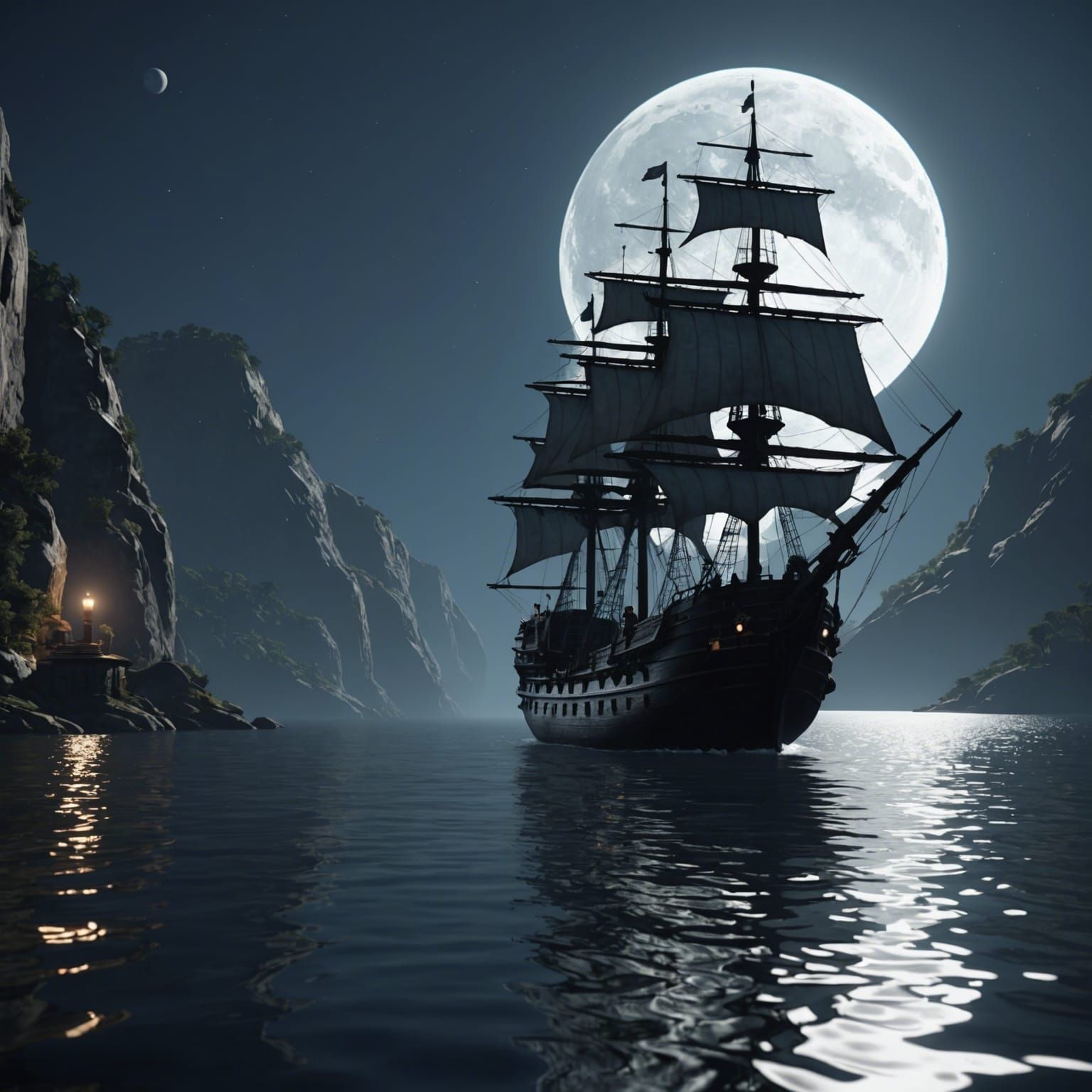 Ship Sails on Water Moon: 3D Rendered Art