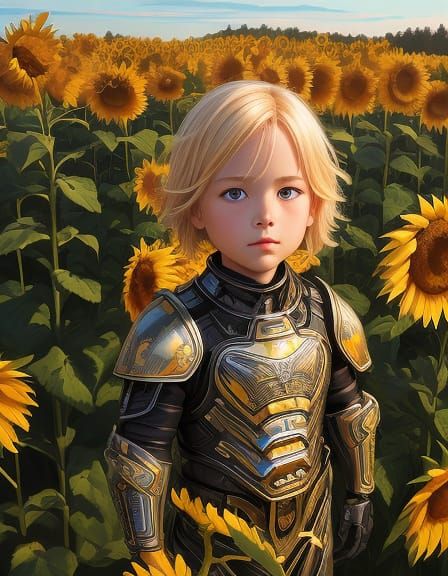 Cybernetic Boy in Sunflower Field, Linocut Style