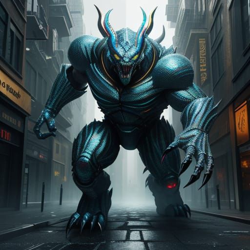 Metallic Money Monster Chases Person in Hyperrealistic City ...