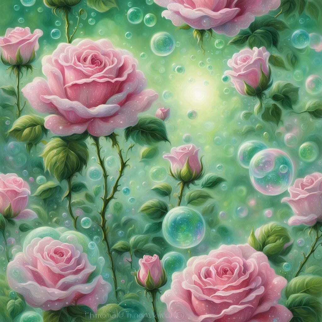 Green Roses with Pink Bubbles in Ethereal Style