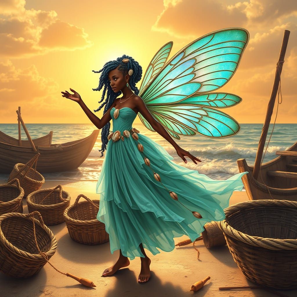 Whimsical Afro-Caribbean Fairy on Sun-Kissed Beach