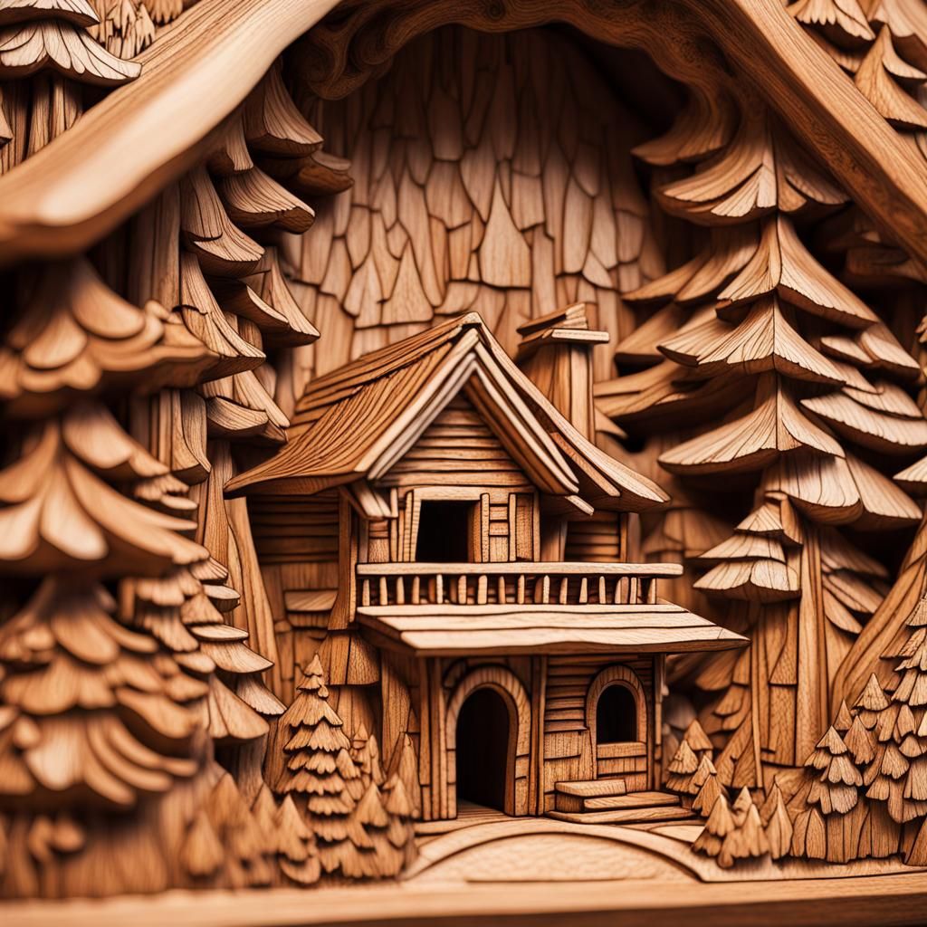 Fairytale Cabin in Mountain: Intricate Wooden Carving Art