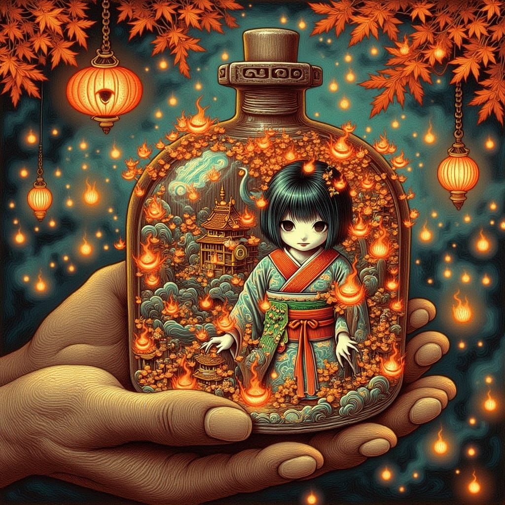 A tiny autumnal Japanese town inside a bottle, held in the h...