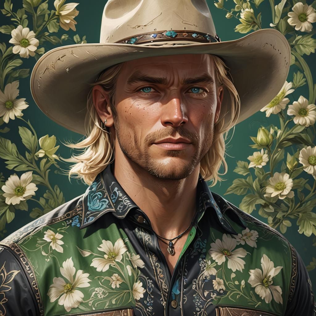 Handsome Cowboy Portrait in Hyperdetailed Digital Art Style