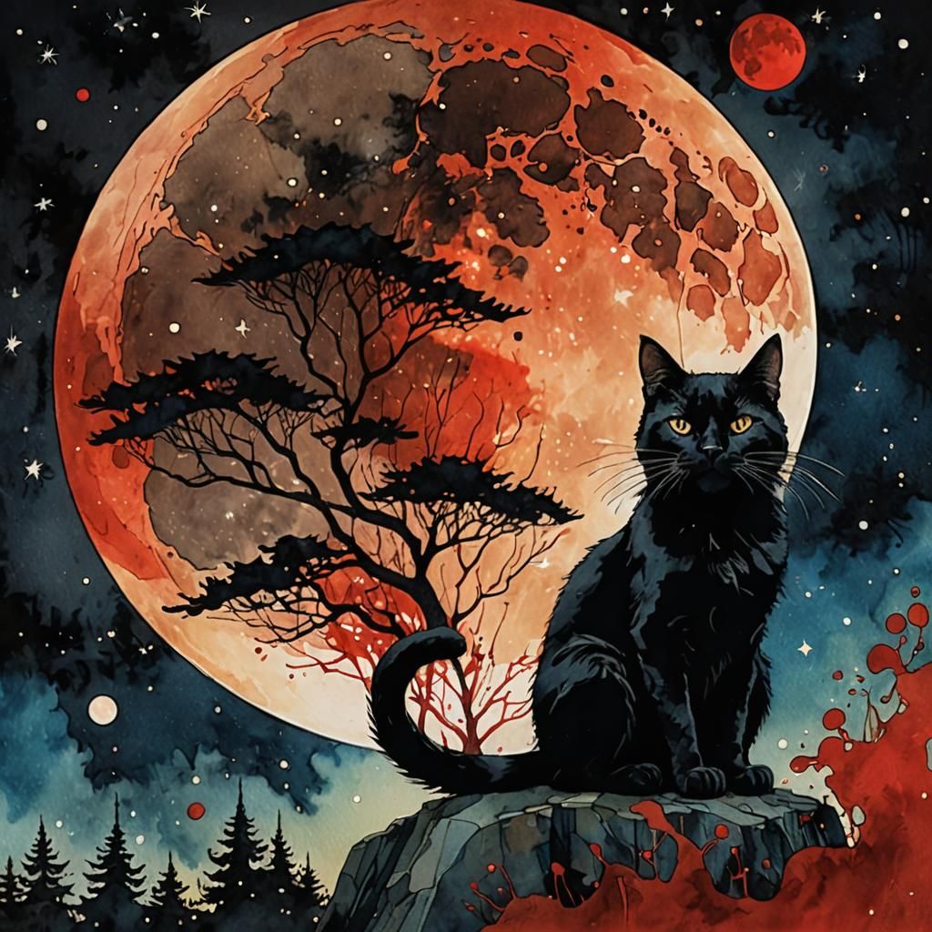 BLACK CAT IN A BLOOD MOON NIGHT