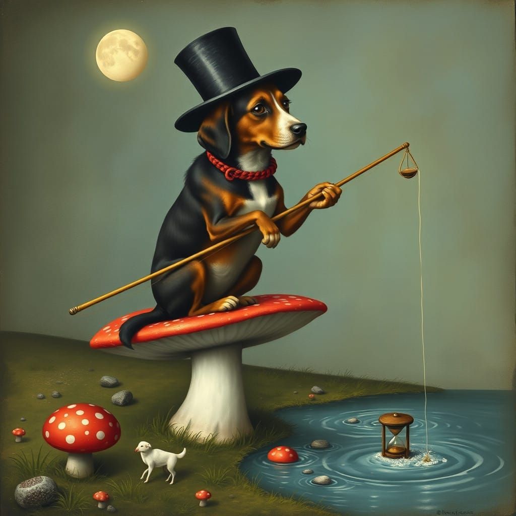 Surreal Dog Sits on Toadstool Fishing in Stream, Wearing a H...