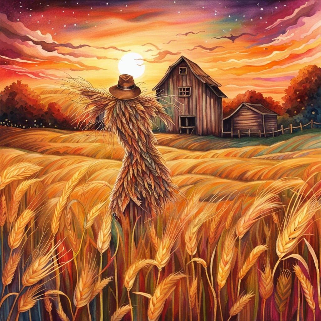 Enchanted Wheat Field Scarecrow at Sunset