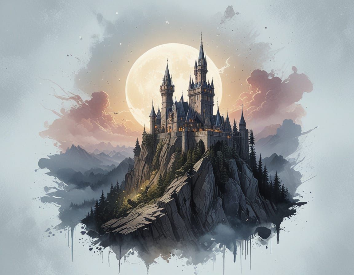 Gothic Castle on Mountain Peak in Ethereal Nightscape