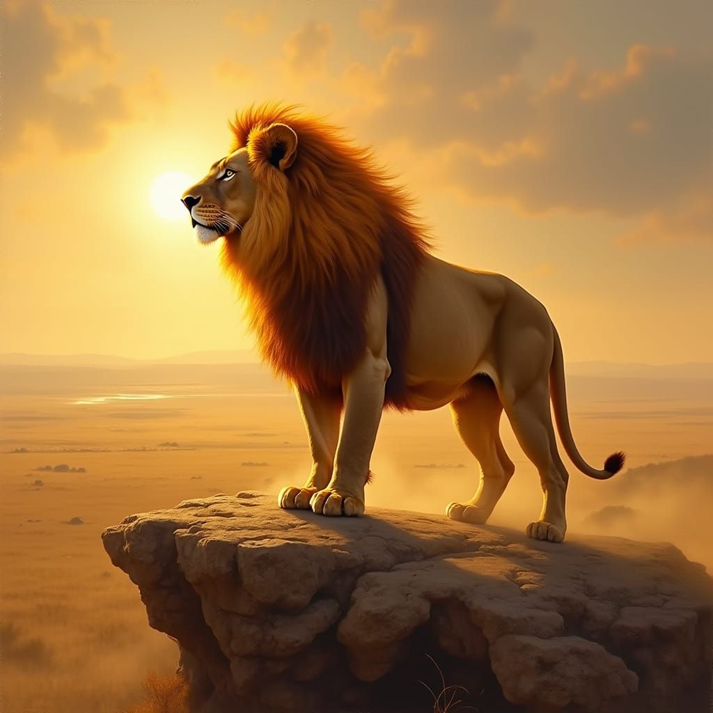 Golden Lion of the Savannah in Classical Oil Painting Style
