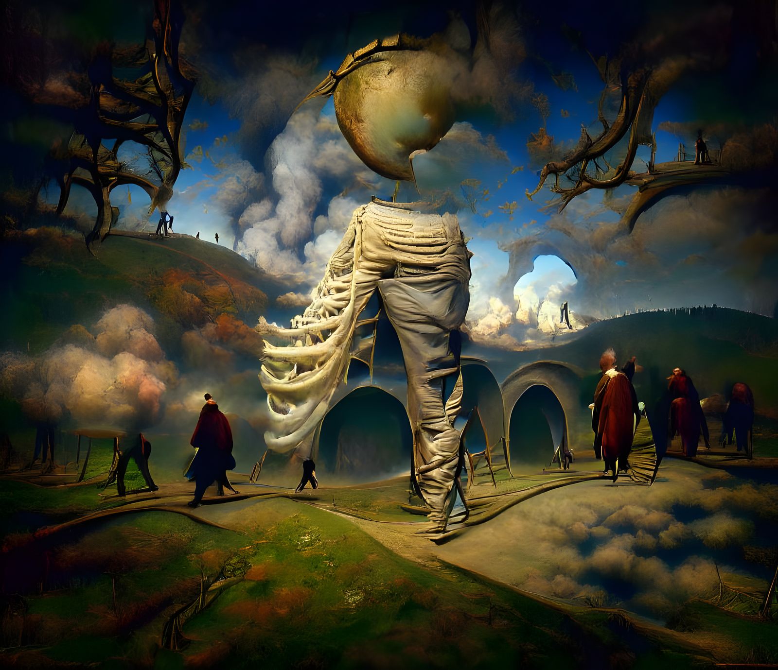 Strange World Walker on Metal Arch, Surreal 3D Art
