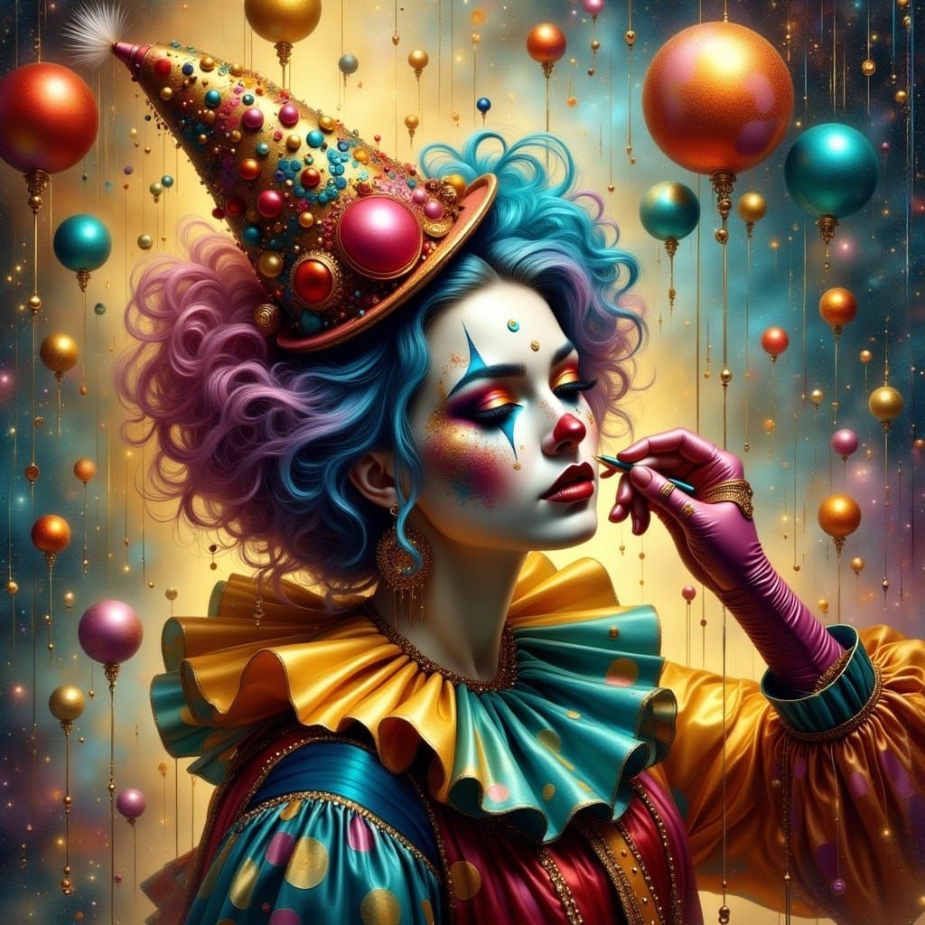 A circus clown applying her makeup