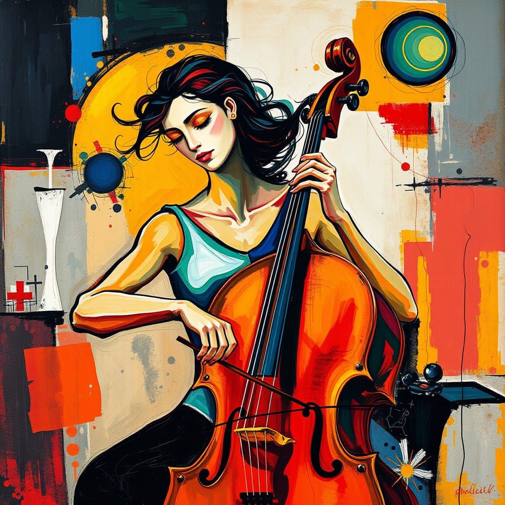 Abstract Cello Player in Expressive, Surrealist Style