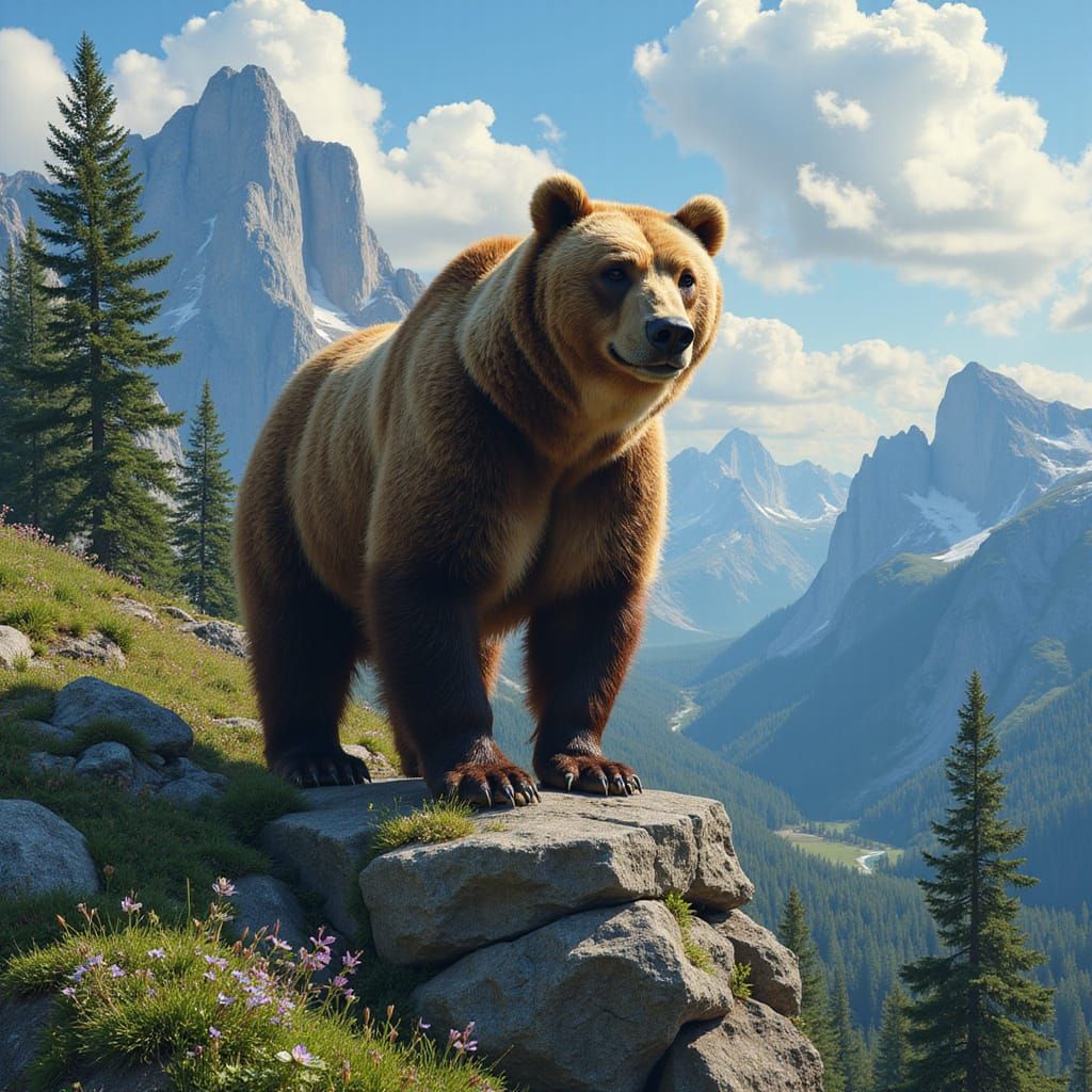 Majestic Bear on Mountain Ridge: Epic Digital Painting
