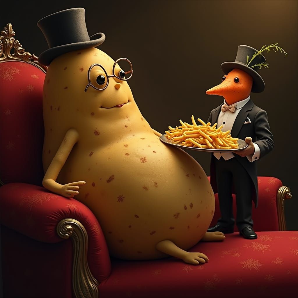 Regal Potato in Dapper Attire on Velvet Chaise Lounge