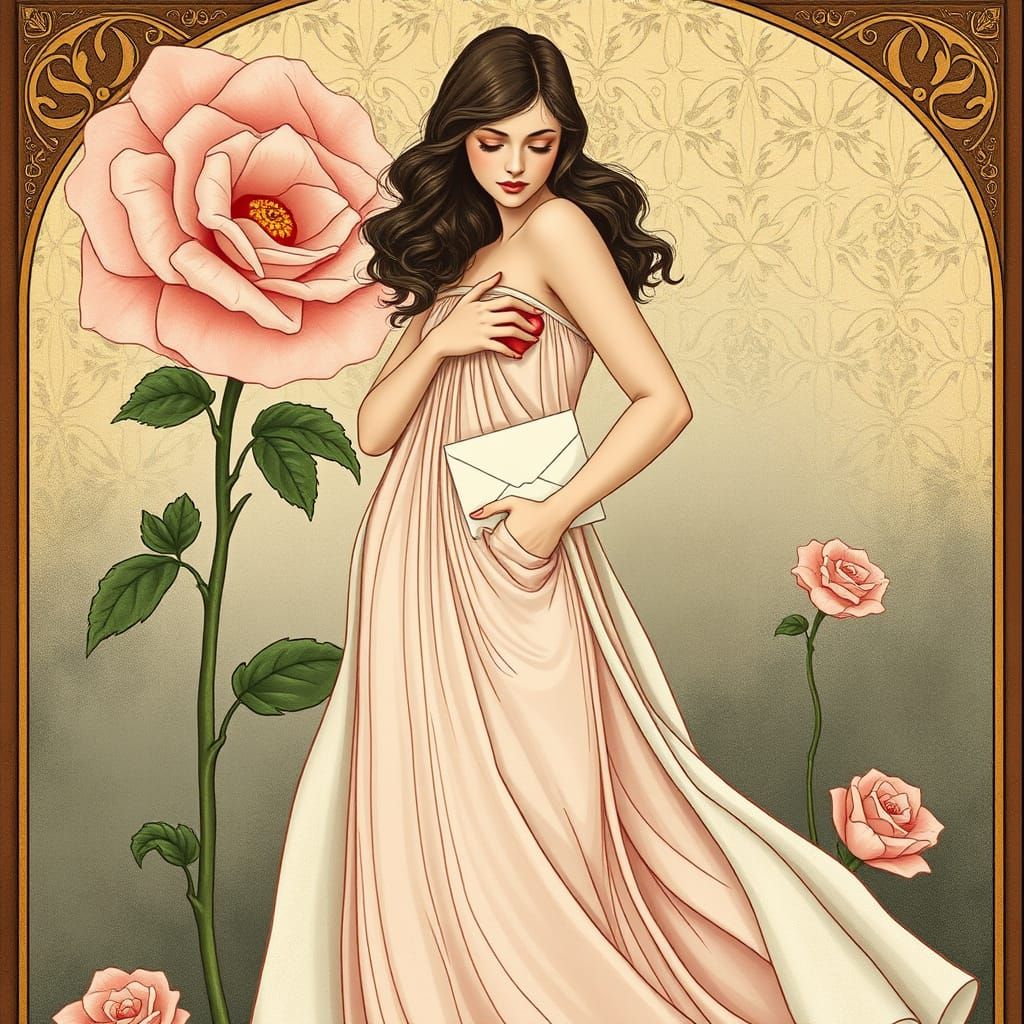 Woman with Love Letter in Art Nouveau Style