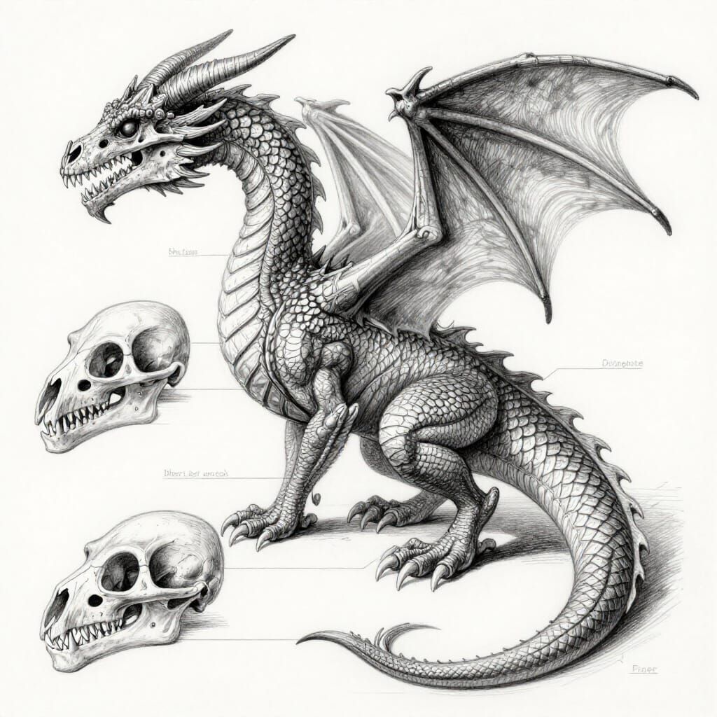 Detailed Anatomical Dragon Sketch in Five Sections