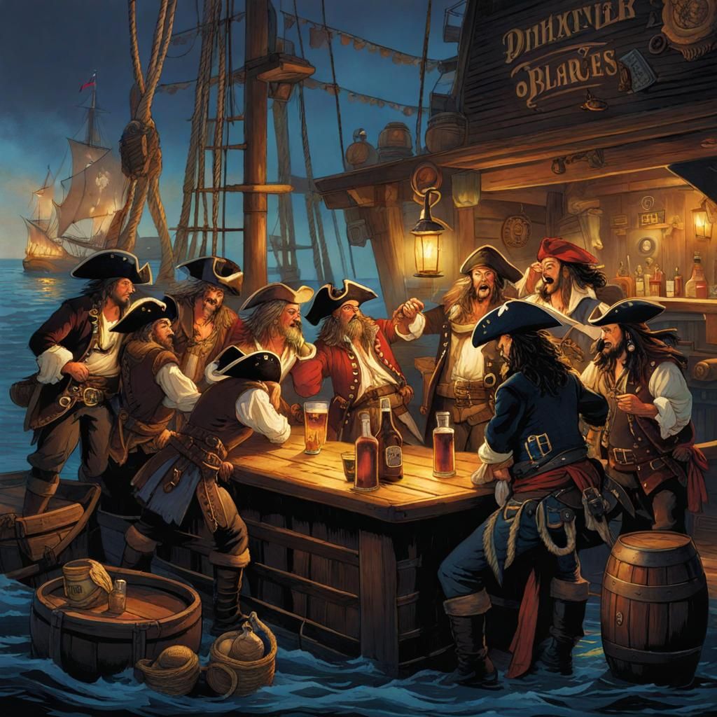 Pirates Gathered in Dockside Bar Illustration