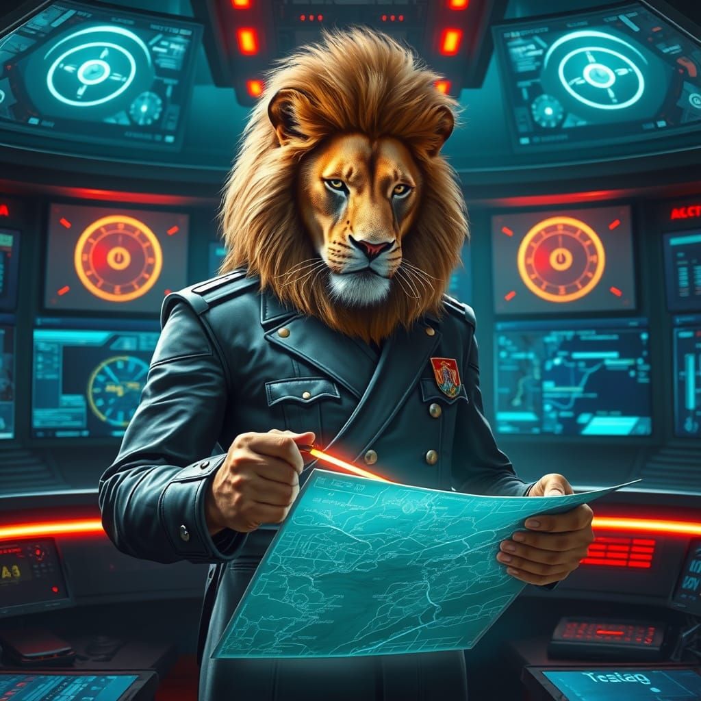 Futuristic Lion General in Command Center