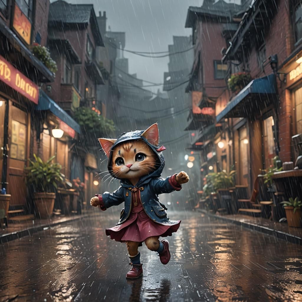 Nekogirl Dancing in Rain: Detailed Fantasy Art
