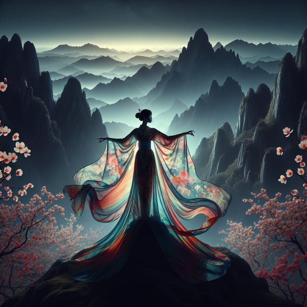 Elegant Asian Woman in Glass Kimono on Mountain Peak