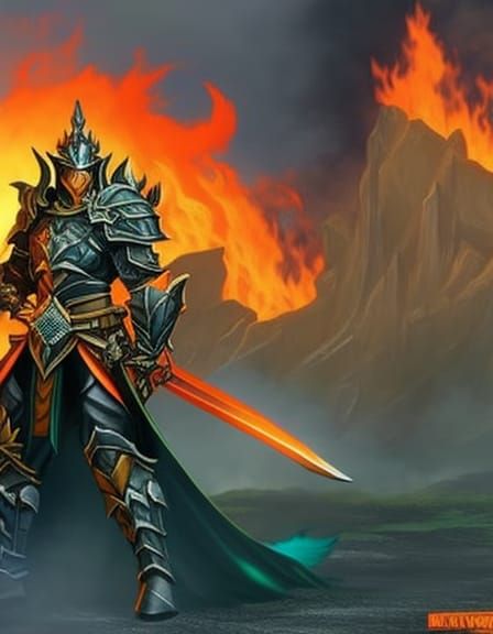 Armored Paladin with Fiery Helmet in Anime Style