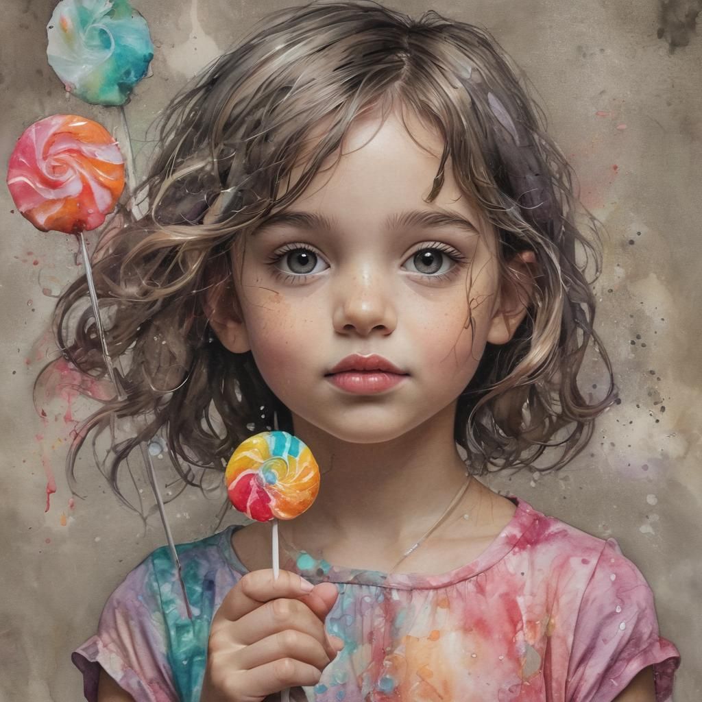 Girl with Lollipop: Alcohol Ink Art Nouveau Painting
