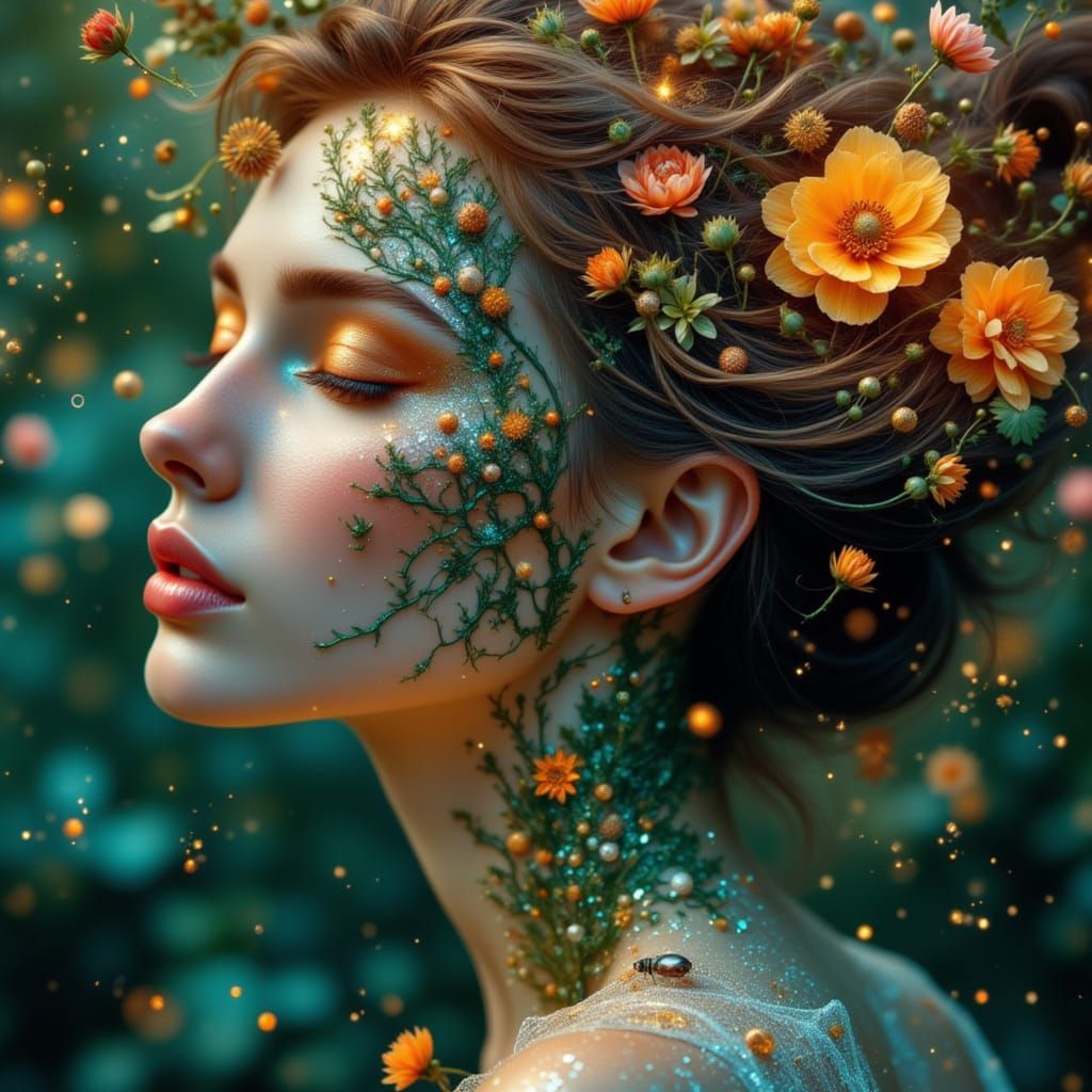 Woman with Hair as Cosmic Garden in Surreal Fantasy Style