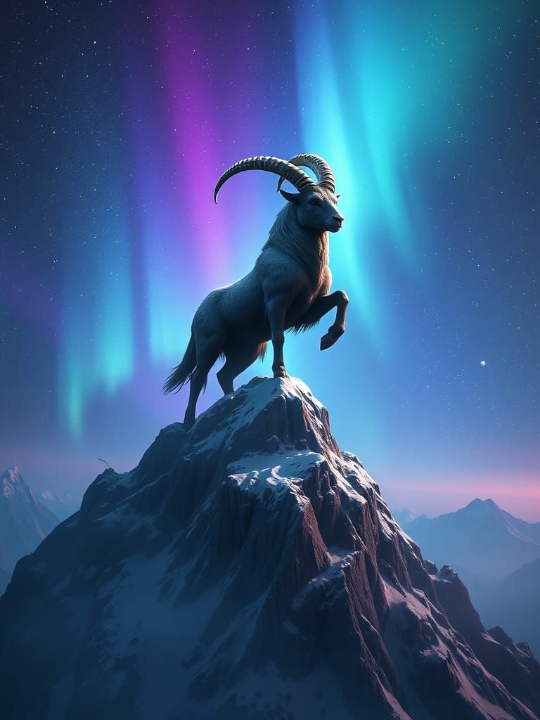 Ethereal Capricorn Ascends a Celestial Mountain