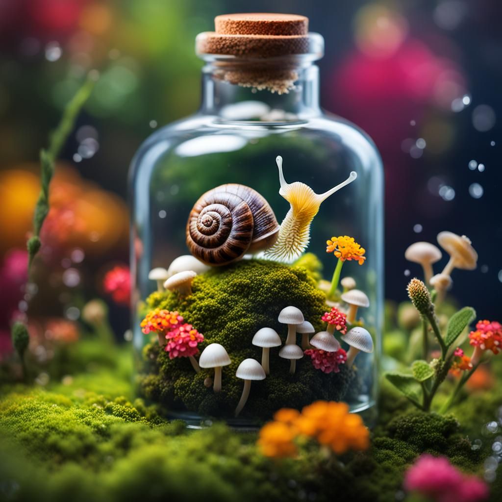 Terrarium Ecosystem: Snail, Flowers, and Mushrooms