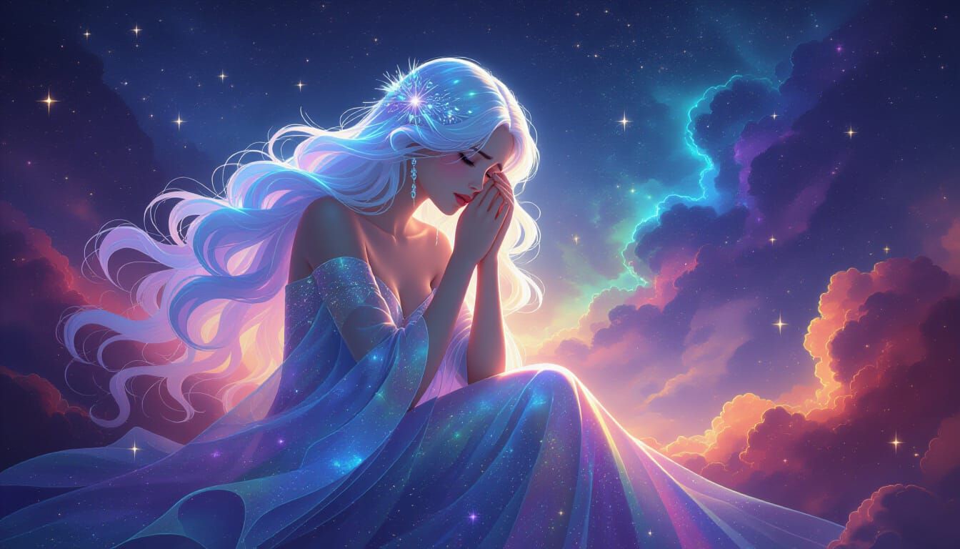 Goddess Weeping Light in Nebula: Ethereal 3D Anime Art