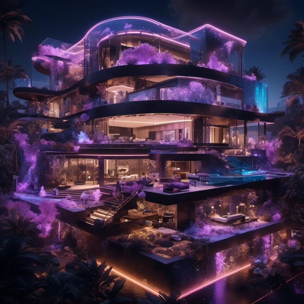 Neon-Lit Luxury Mansion with Indoor Basketball Court