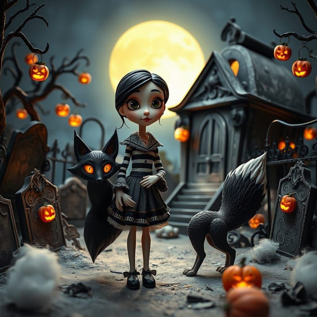 Claymation Girl and Fox in Moonlit Cemetery