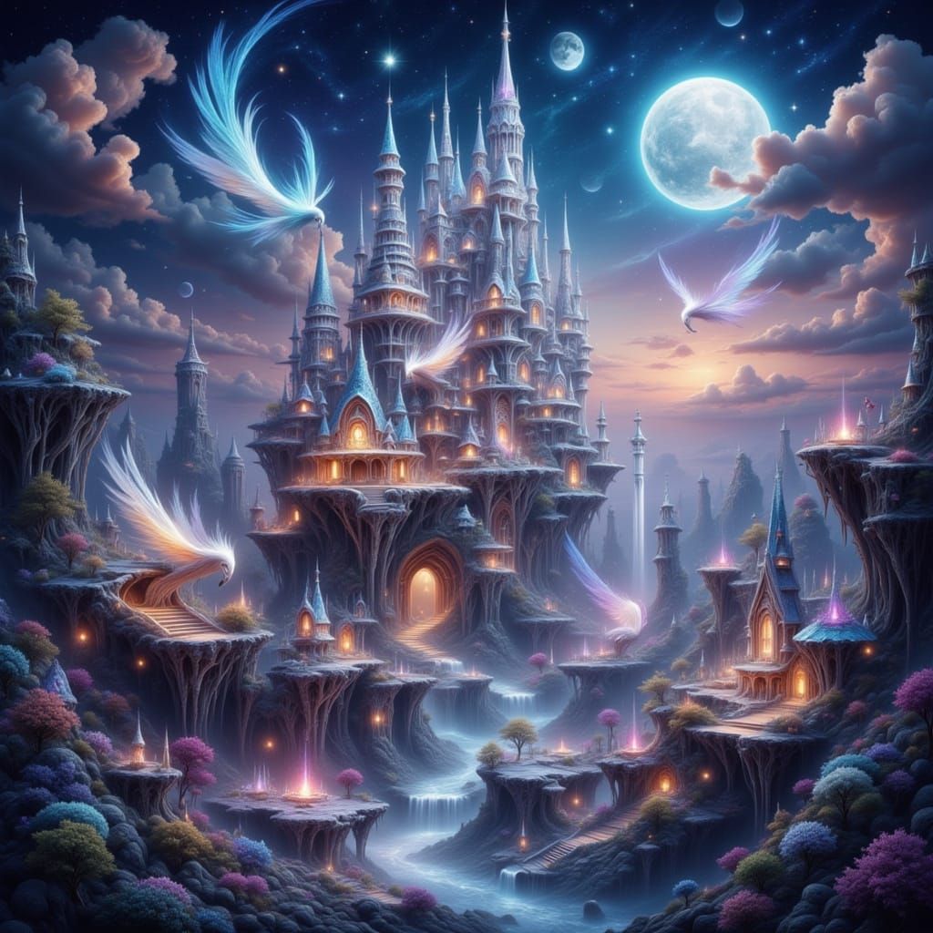 Ethereal Cityscape of Woven Moonlight and Crystal