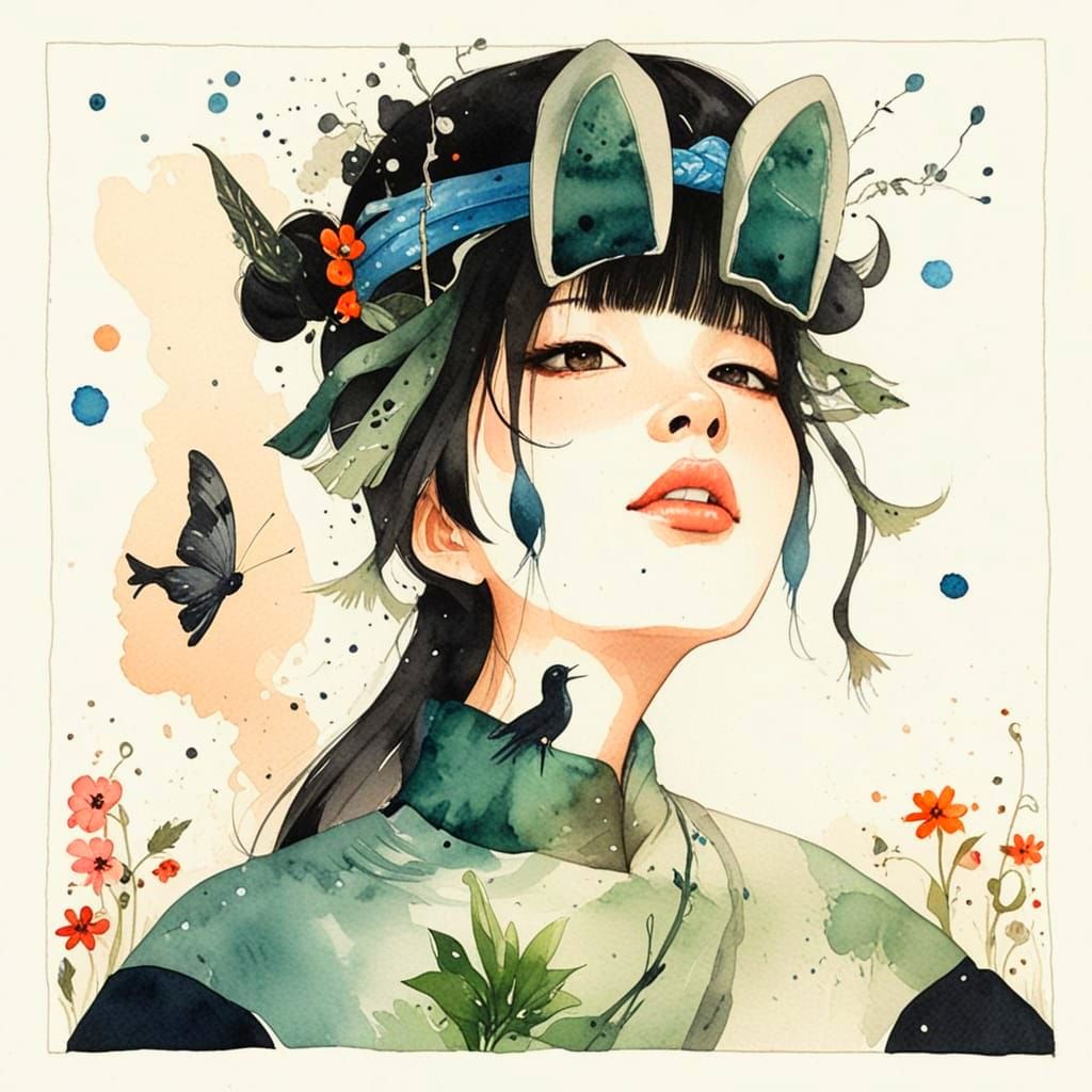 Whimsical Surreal Fantasy Landscape in Sumi-e Watercolor