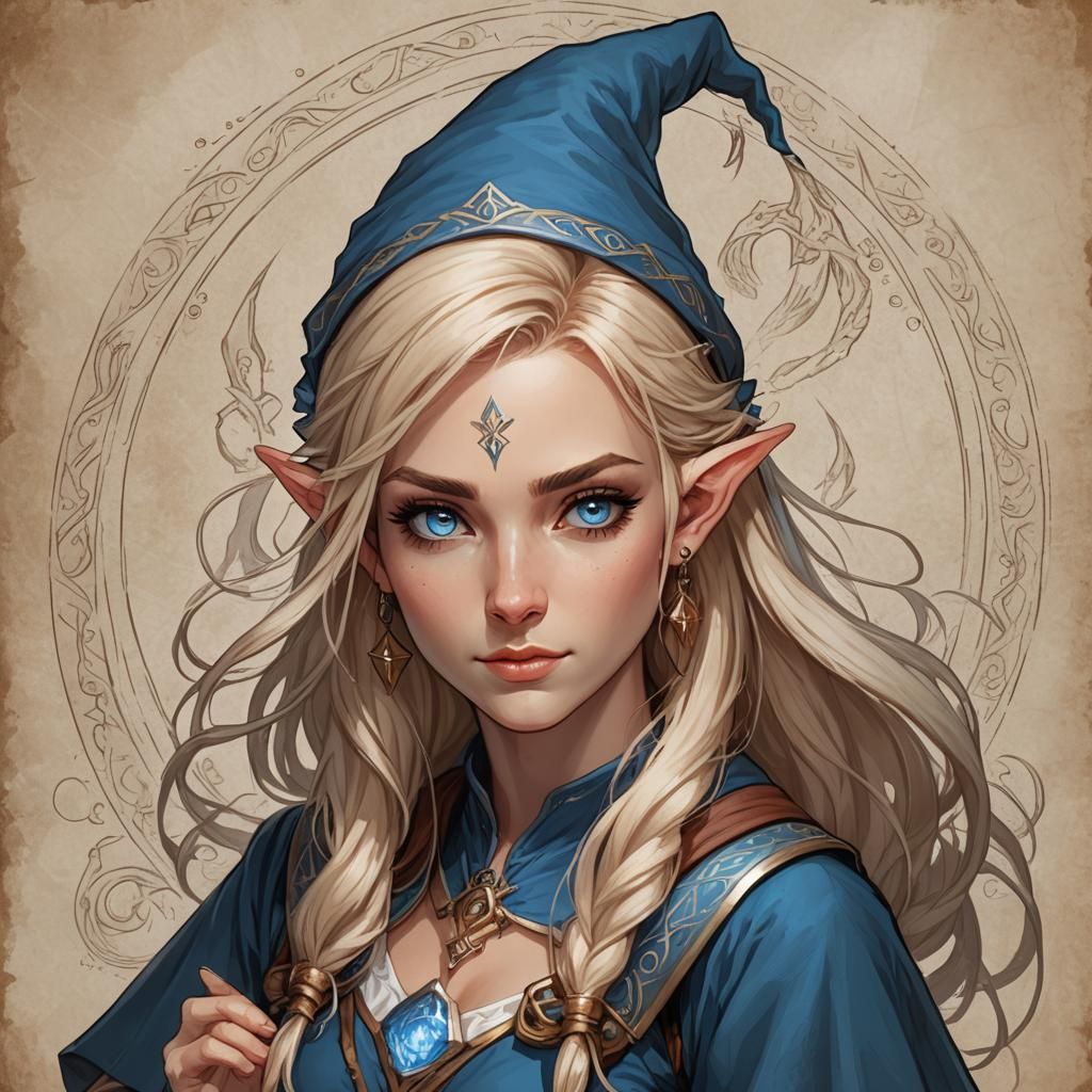 Elf girl wizard dnd, blond hair, blue eyes, dungeons and dra...