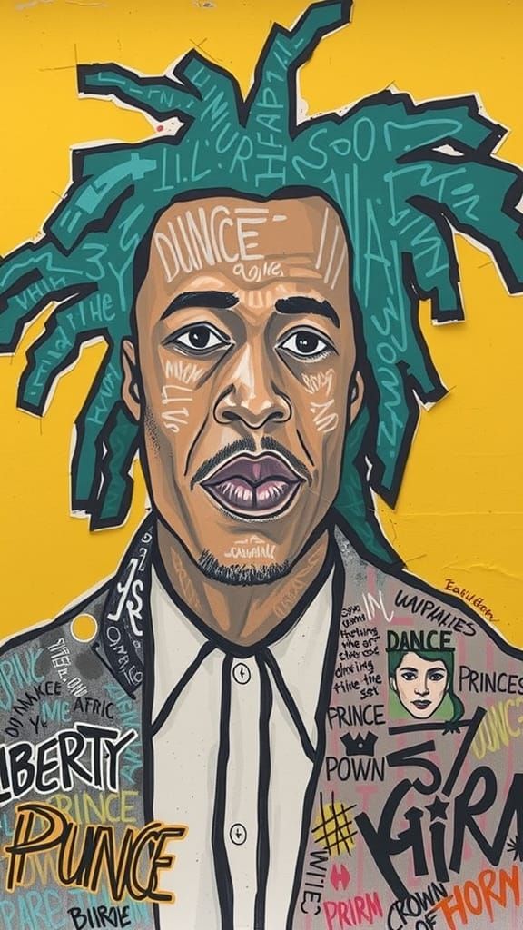 Basquiat-Inspired Portrait of a Man with Teal Dreadlocks