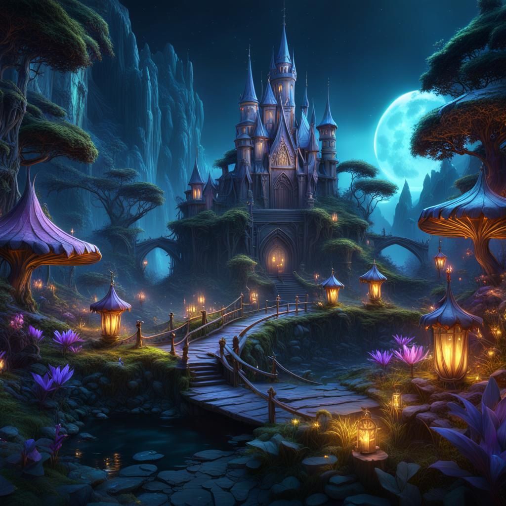 Colorful Fairy Kingdoms at Night: Fantasy Concept Art